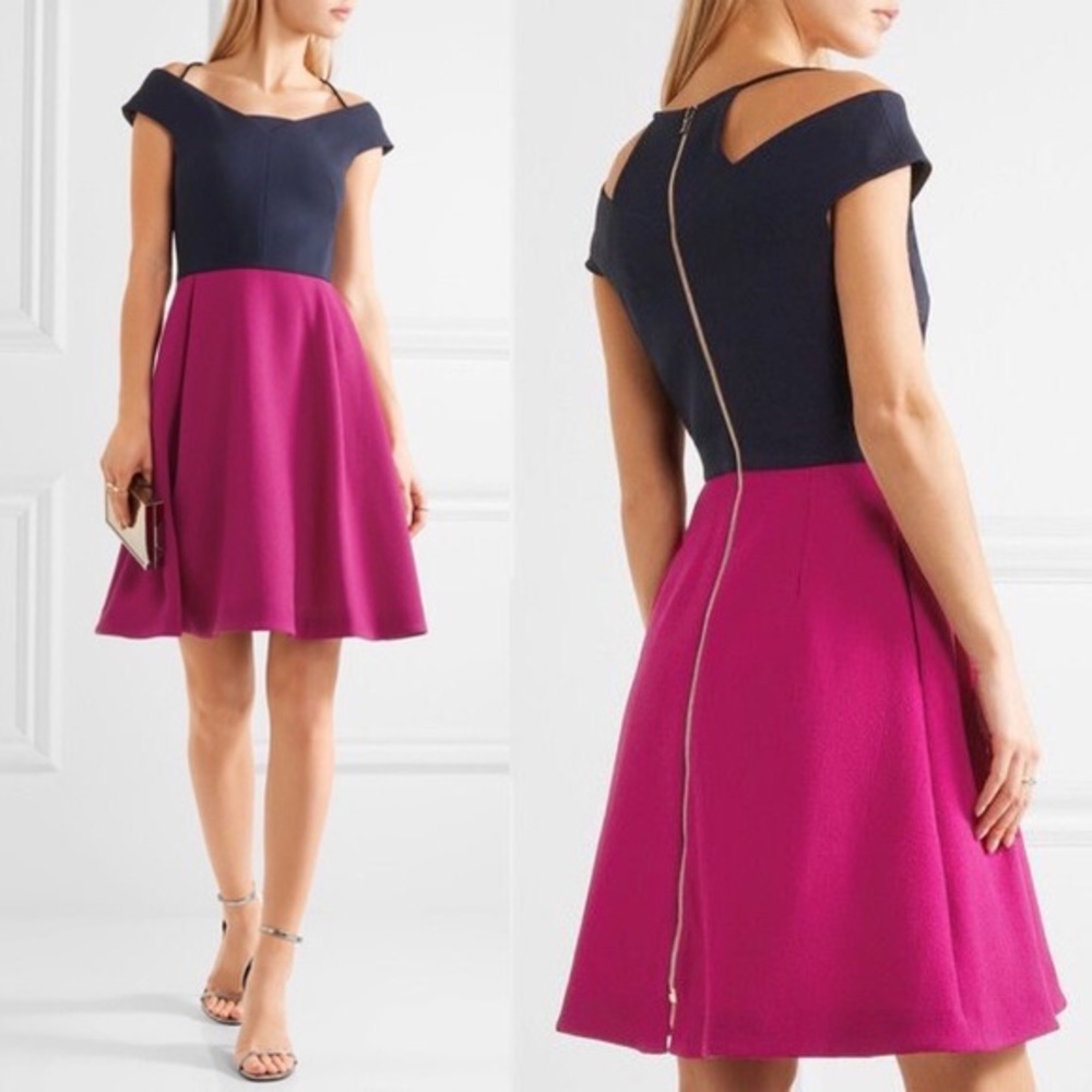 ROLAND MOURET Natan Dress in Orchid Pink and Navy Blue.